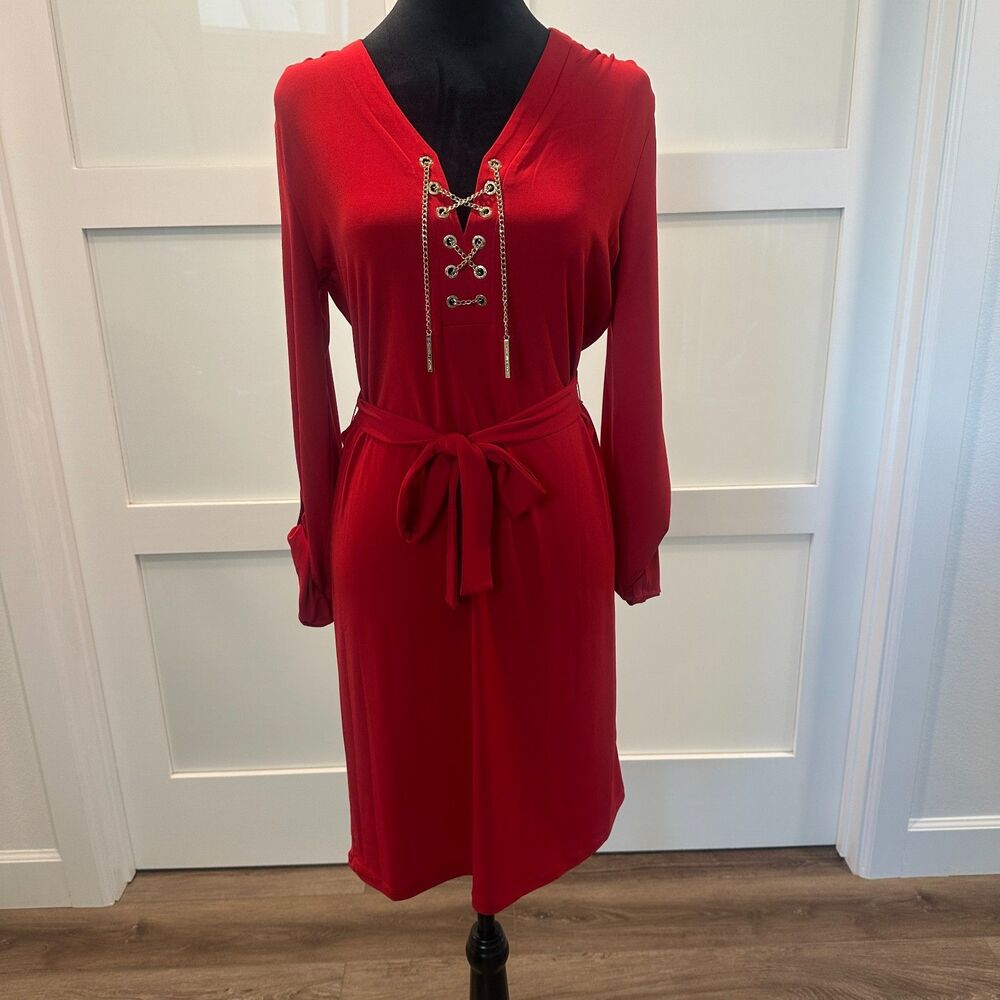 Red Gold Chain Lace Up Belted Convertible Roll Tab Sleeve Jersey Dress Size M